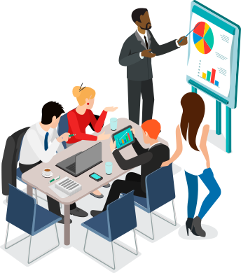 Animated image of four people around a desk and one man standing pointing to a flip chart.