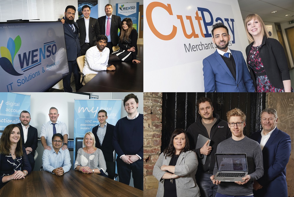 A series of four images. The first image to the top far left shows five people to the far right of point of sale for Wenso IT Solutions and Services. The second image on the top far right shows a man and a woman in front of point of sale for CutPay Merchant. The bottom far left image shows a group of seven people around an office desk and the final image to the bottom far right shows a group of four people. They are standing outside and a man with ginger hair is holding a laptop.