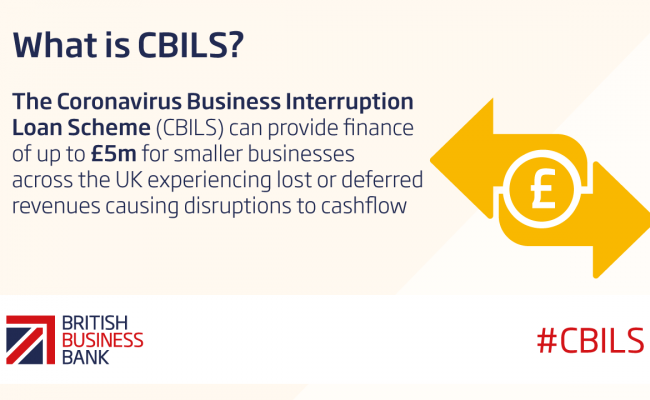 What is CBILS logo - description of CBILS, mainly text with yellow image including £ pound sign.
